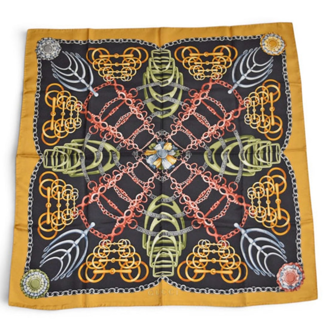 Gucci scarf, muffler, GUCCI silk horsebit chain, yellow and black.: --- Catalog ---Category: SizeSize (LxW): 86cm x 86cm / 33.85'' x 33.85''Category: DesignType: ScarfColor: YellowGender: WomenMaterial: Silk Category: GeneralBrand: GucciCountry of Origin: Italy---