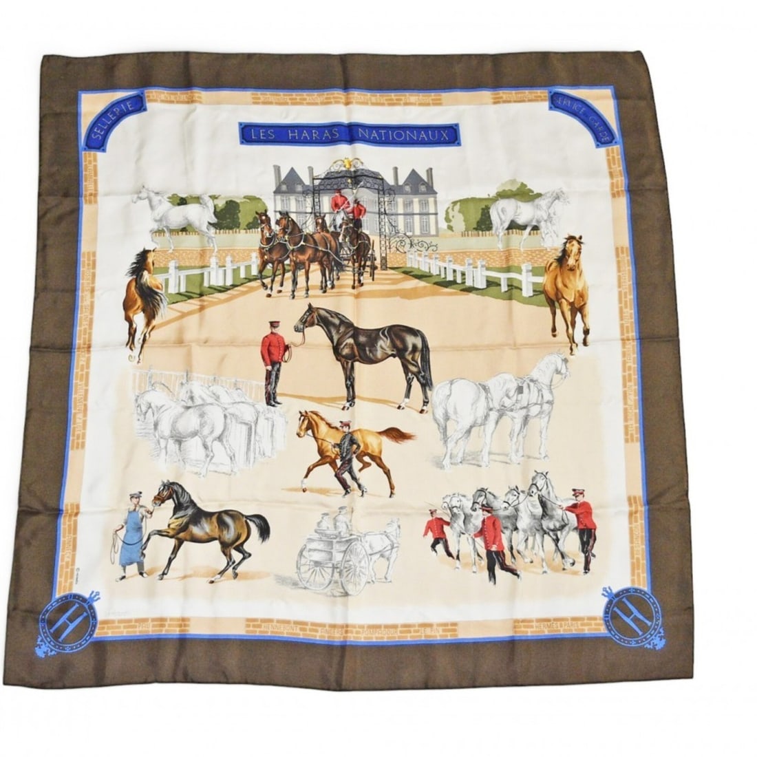 Hermes Carre 90 Scarf/Muffler - Les Haras Nationaux (National Stud Farm) Carriage Design Brown/Beige: --- Catalog ---Category: SizeSize (LxW): 88cm x 88cm / 34.64'' x 34.64''Category: DesignType: ScarfColor: Beige, BrownGender: WomenMaterial: Silk Category: GeneralBrand: HermesCountry of Origin: Franc