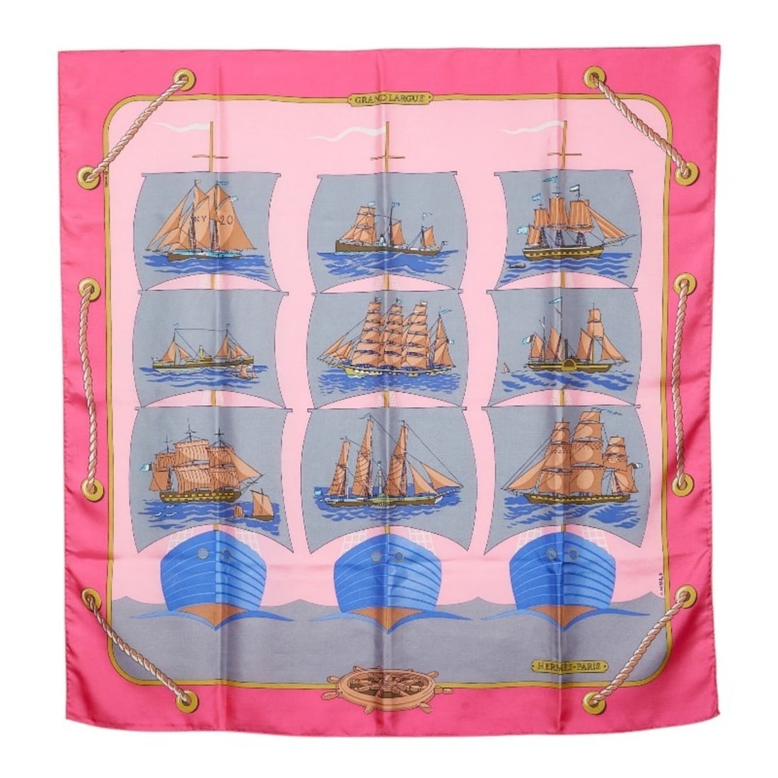 Hermes Carre 90 GRAND LARGUE Scarf/Muffler, Large Size, Pink Multicolor Silk, Women's: --- Catalog ---Category: SizeSize (LxW): 90cm x 87cm / 35.43'' x 34.25''Category: DesignType: ScarfColor: Multi-color, PinkGender: WomenMaterial: Silk Category: GeneralBrand: Hermes--- Item List ---Se
