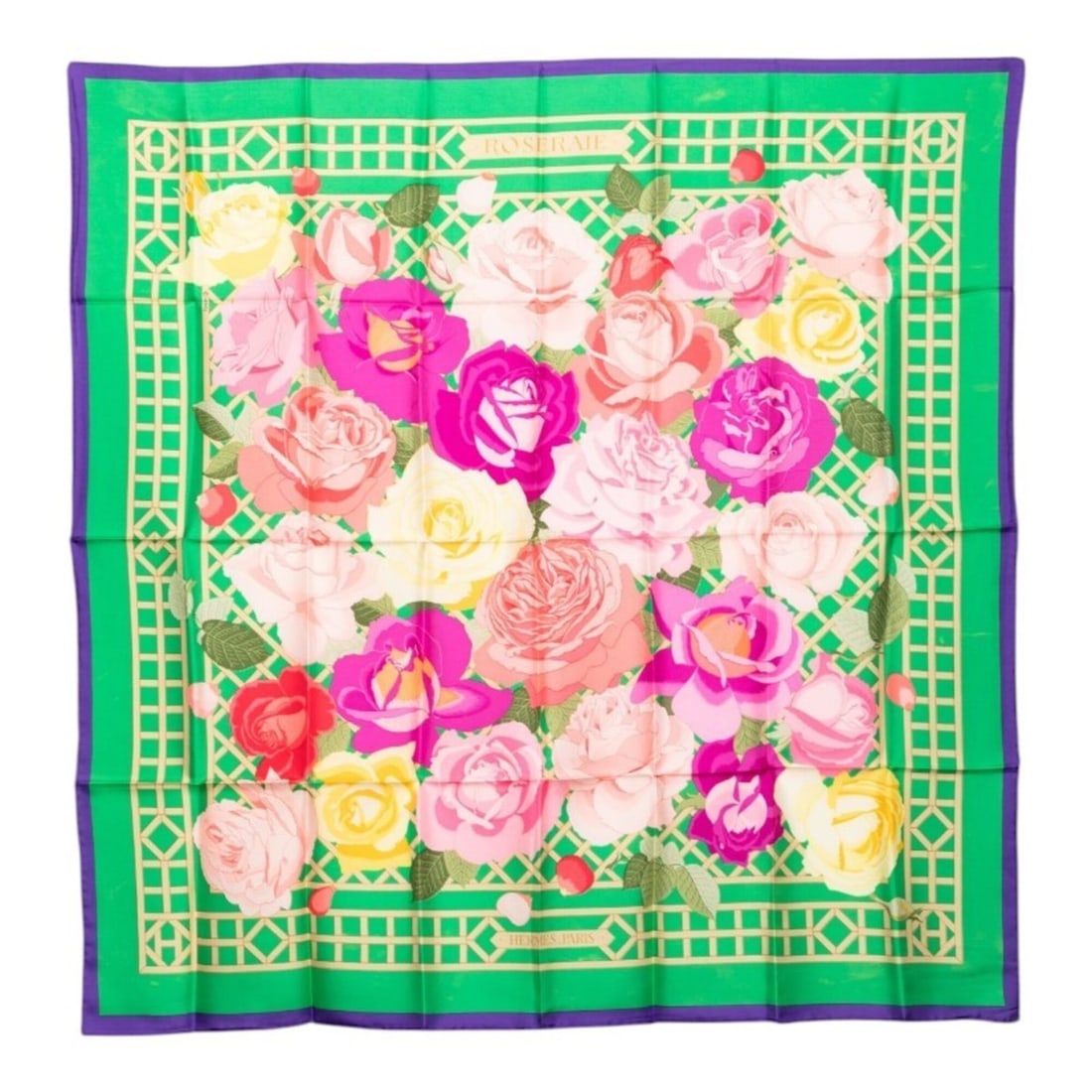 Hermes Carre 90 ROSERAIE Rose Garden Scarf Muffler Green Multicolor Silk Women's HERMES: --- Catalog ---Category: SizeSize (LxW): 88cm x 89.5cm / 34.64'' x 35.23''Category: DesignType: ScarfColor: Green, Multi-colorGender: WomenMaterial: Silk Category: GeneralBrand: Hermes--- Item List --