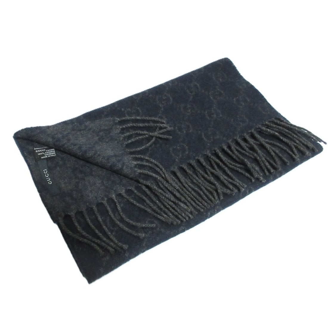 GUCCI GG pattern 100% cashmere fringe scarf, navy, for men and women.: --- Catalog ---Category: SizeTotal Length: 158cm / 62.2''Category: DesignColor: NavyGender: Men,WomenCategory: GeneralBrand: GucciCategory: MaterialMaterial: Cashmere --- Item List ---Section: Conditi
