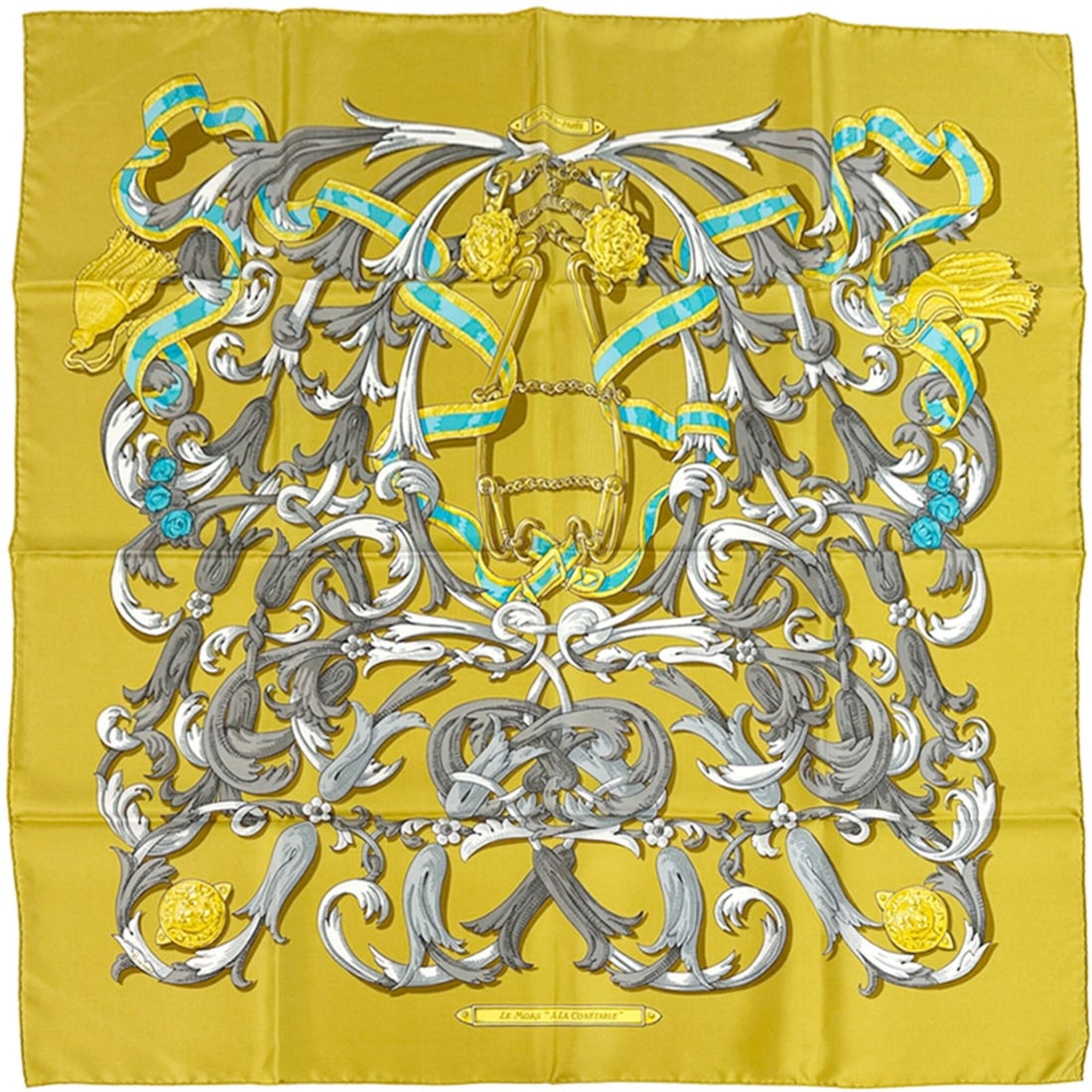 Hermes scarf/muffler, Carre 90, LE Mors A LA CONETABLE, elegant design featuring a horse's bridle,: --- Catalog ---Category: SizeSize (LxW): 90cm x 90cm / 35.43'' x 35.43''Category: DesignType: ScarfColor: Multi-color, YellowGender: WomenMaterial: Silk Category: GeneralBrand: HermesCountry of Origin