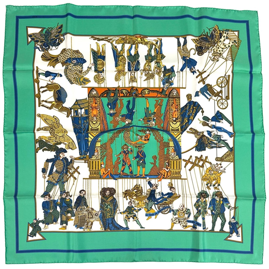 Hermes scarf/muffler, Carre 90, LE TEMPS des MARIONNETTES (The Time of the Marionettes), women's,: --- Catalog ---Category: SizeSize (LxW): 90cm x 90cm / 35.43'' x 35.43''Category: DesignType: ScarfColor: Green, Multi-colorGender: WomenMaterial: Silk Category: GeneralBrand: HermesCountry of Origin:
