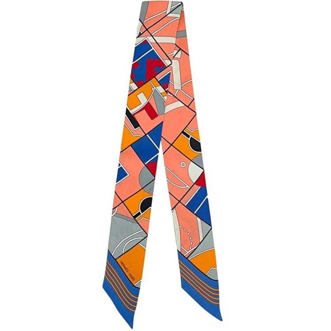 Hermes Ribbon Scarf Muffler Twilly Pink Blue Geometric Pattern 100% Silk HERMES: --- Catalog ---Category: SizeSize (LxW): 84cm x 5cm / 33.07'' x 1.96''Category: DesignType: ScarfColor: Blue, PinkGender: Women,MenMaterial: Silk Category: GeneralLine: TwillyBrand: HermesCountry of O
