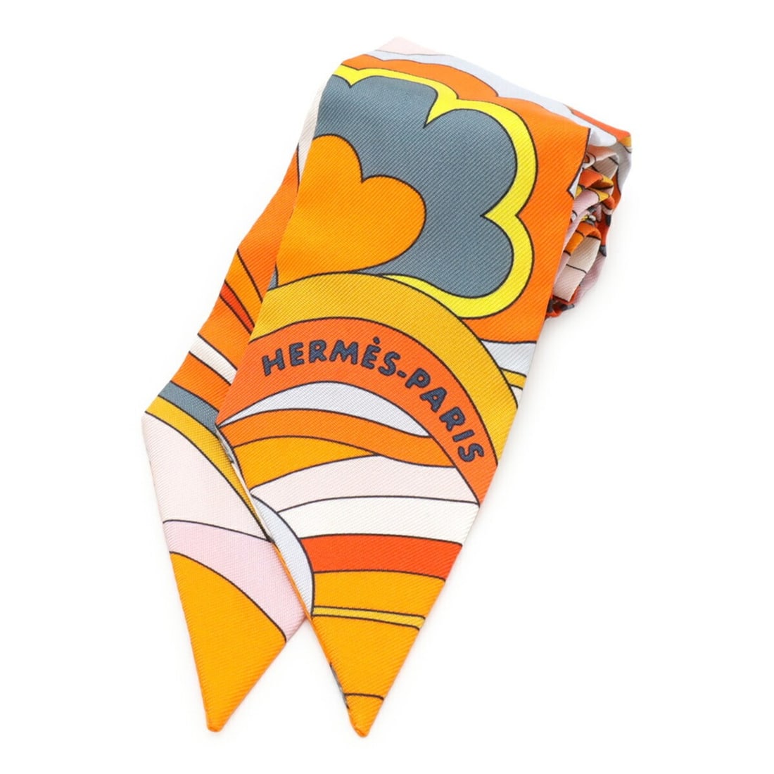 HERMES Twilly Scarf Muffler Handbag Faubourg Rainbow 100% Silk Orange Multicolor: --- Catalog ---Category: SizeSize (LxW): 86cm x 5cm / 33.85'' x 1.96''Category: DesignType: ScarfColor: Multi-color, OrangeGender: WomenMaterial: Silk 100%Category: GeneralBrand: HermesCountry of Orig