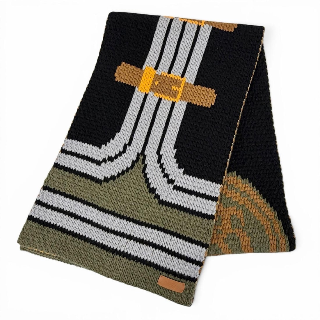 HERMES H521729S Grande Tenue 100% Cashmere Long Stole/Scarf with Logo Leather Patch - Black, Khaki, (1 of 9)