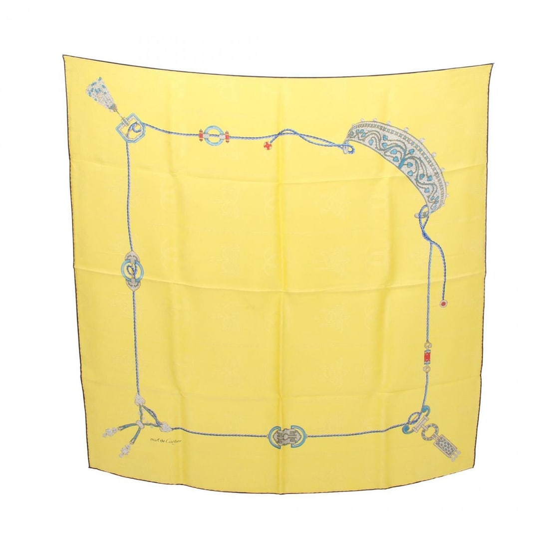Cartier scarf/muffler, silk, women's, yellow/blue tones.: --- Catalog ---Category: SizeSize (LxW): 85cm x 85cm / 33.46'' x 33.46''Category: DesignType: ScarfColor: Blue, YellowGender: WomenMaterial: Silk Category: GeneralBrand: Cartier--- Item List ---Sectio