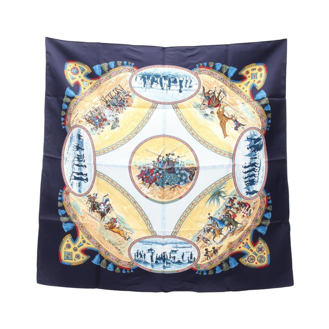 Hermes Carre 90 Cavaliers Peuls Scarf/Muffler, Silk, Women's, Navy/Multicolor: --- Catalog ---Category: SizeSize (LxW): 89cm x 89cm / 35.03'' x 35.03''Category: DesignType: ScarfColor: Multi-color, NavyGender: WomenMaterial: Silk Category: GeneralBrand: Hermes--- Item List ---Se