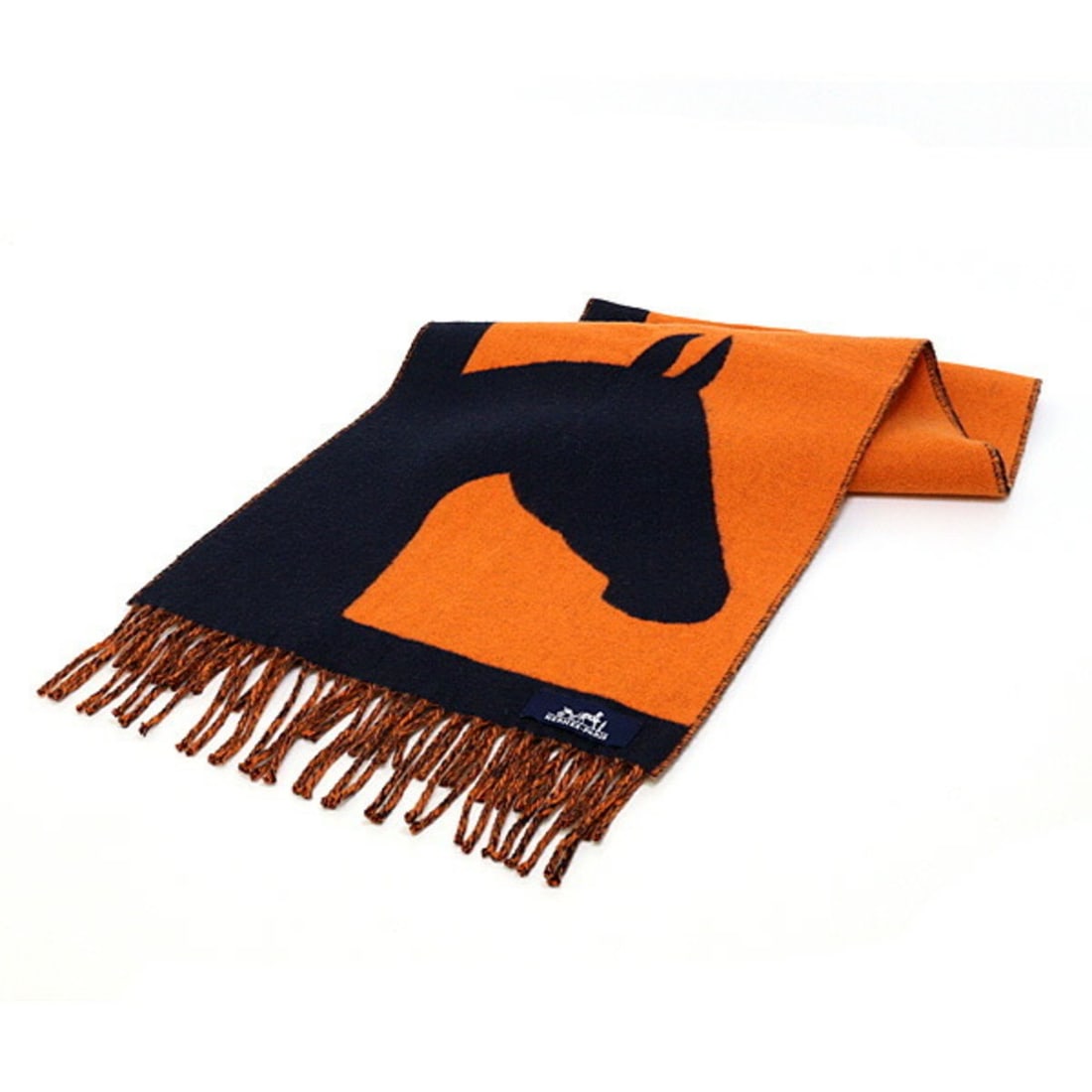 HERMES scarf, Love Story design, orange and navy, cashmere, horse pattern, jacquard weave, unused.: --- Catalog ---Category: SizeSize (LxW): 1.56m x 31cm / 61.41'' x 12.2''Category: DesignType: StoleColor: Navy, OrangeGender: Men,WomenMaterial: Cashmere Category: GeneralBrand: HermesCountry of Origi