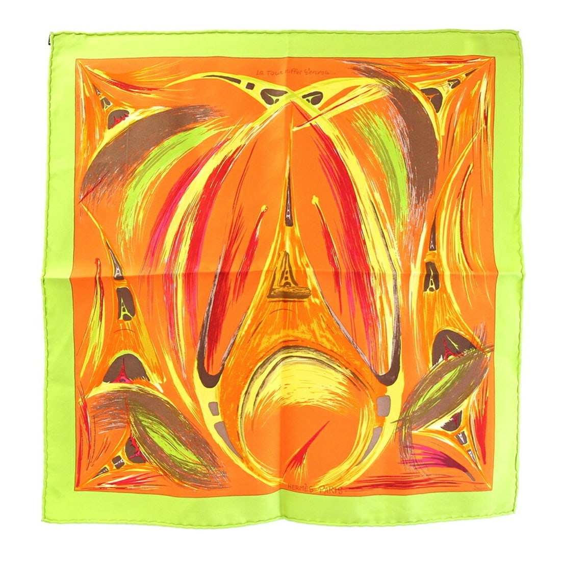 Hermes Scarf/Muffler, Carre 42, La Tour Eiffel S'envole (Eiffel Tower), Light Green/Orange, 100%: --- Catalog ---Category: SizeSize (LxW): 41cm x 42cm / 16.14'' x 16.53''Category: DesignType: ScarfColor: Light green, OrangeGender: WomenMaterial: Silk 100%Category: GeneralBrand: HermesCountry of Or