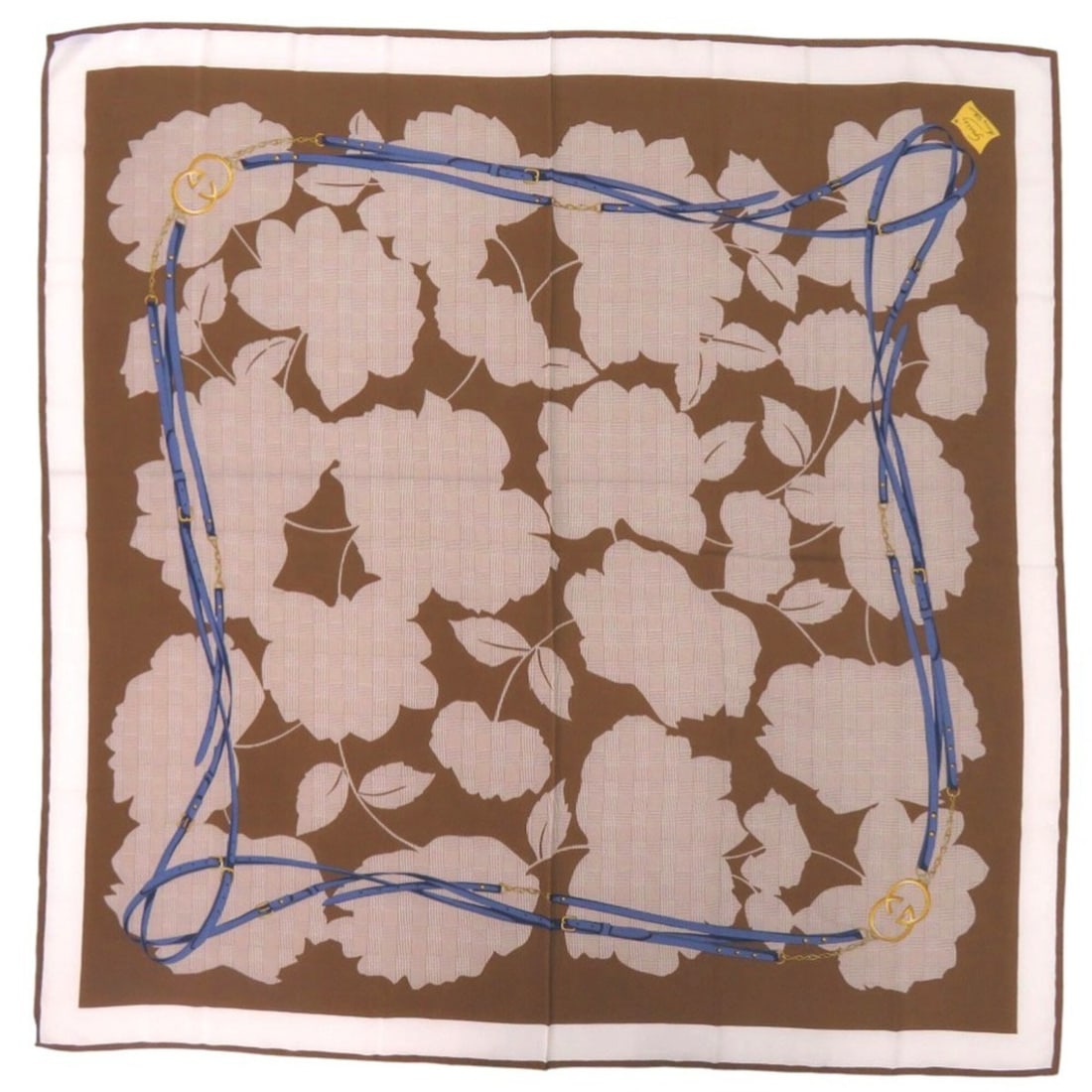 Excellent condition Gucci floral print belt scarf muffler in silk, brown, blue, and white. 1668GUCCI: --- Catalog ---Category: SizeSize (LxW): 1.33m x 1.32m / 52.36'' x 52.16''Category: DesignType: ScarfColor: Blue, Brown, WhiteGender: WomenMaterial: Silk Category: GeneralBrand: GucciCountry of Origin