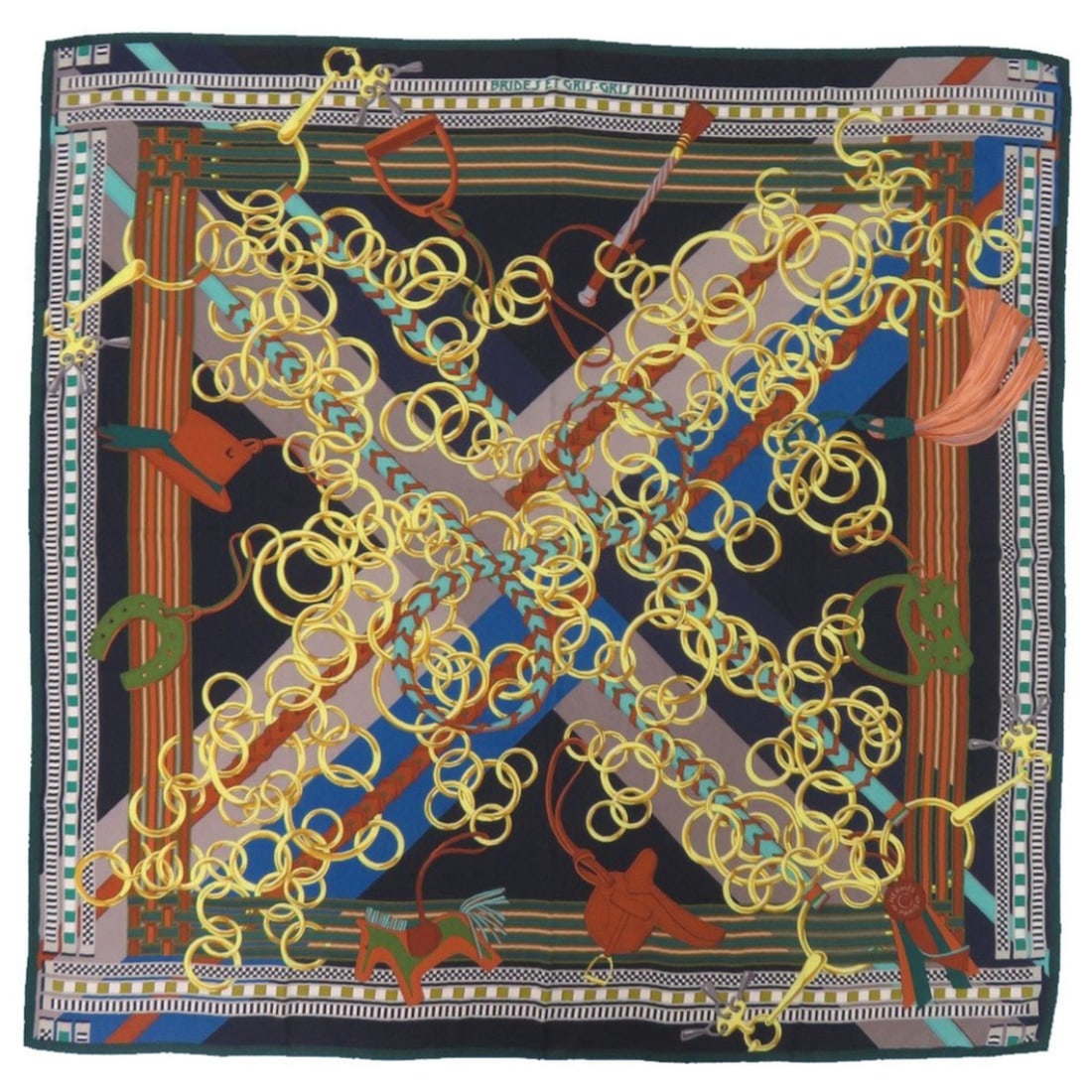 Excellent condition Hermes Carre 140 Brides et Gris-Gris scarf/muffler, silk, green, black, and: --- Catalog ---Category: SizeSize (LxW): 1.33m x 1.35m / 52.36'' x 53.14''Category: DesignType: ScarfColor: Black, Green, YellowGender: WomenMaterial: Silk Category: GeneralBrand: HermesCountry of Ori