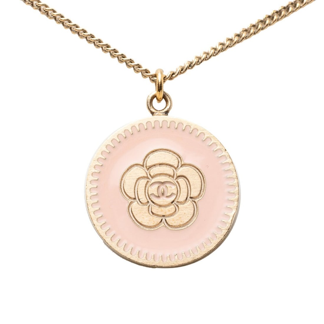 Chanel Vintage Camellia Coco Mark Necklace, Gold and Pink Plated, Women's CHANEL: --- Catalog ---Category: SizePendant Size: 21.6mm x 21.6mm / 0.85'' x 0.85''Neck Circumference: 61 cm / 24.01''Category: DesignColor: Gold, PinkGender: WomenMaterial: Gold platingNecklace Type: Neckla