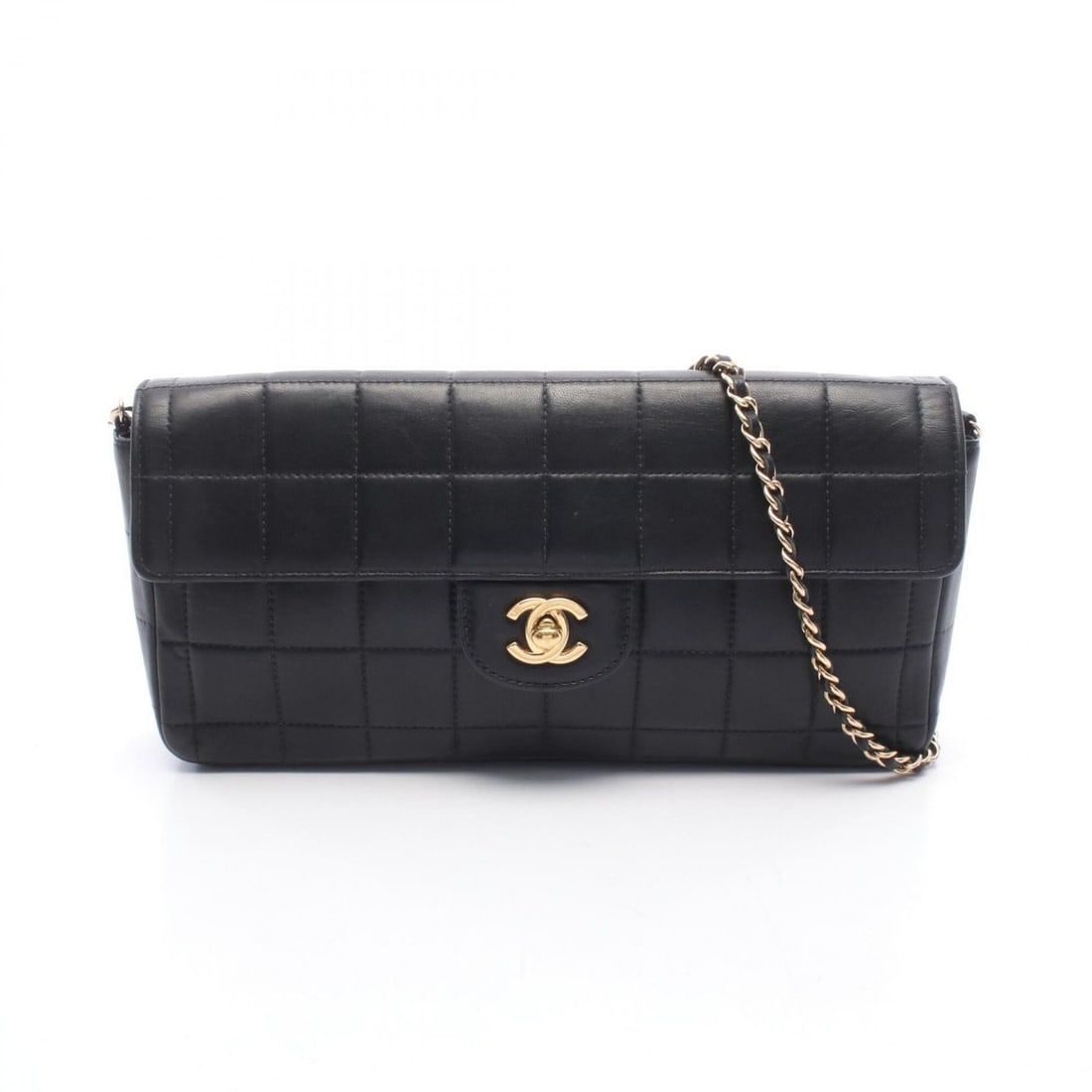 Chanel Chocolate Bar East West Shoulder Bag/Handbag, Lambskin Leather, Women's, Black: --- Catalog ---Category: SizeSize (HxWxD): 13cm x 26cm x 4cm / 5.11'' x 10.23'' x 1.57''Category: DesignType: Handbag, Shoulder bagColor: BlackGender: WomenMaterial: Leather Hardware Color: GoldLeathe