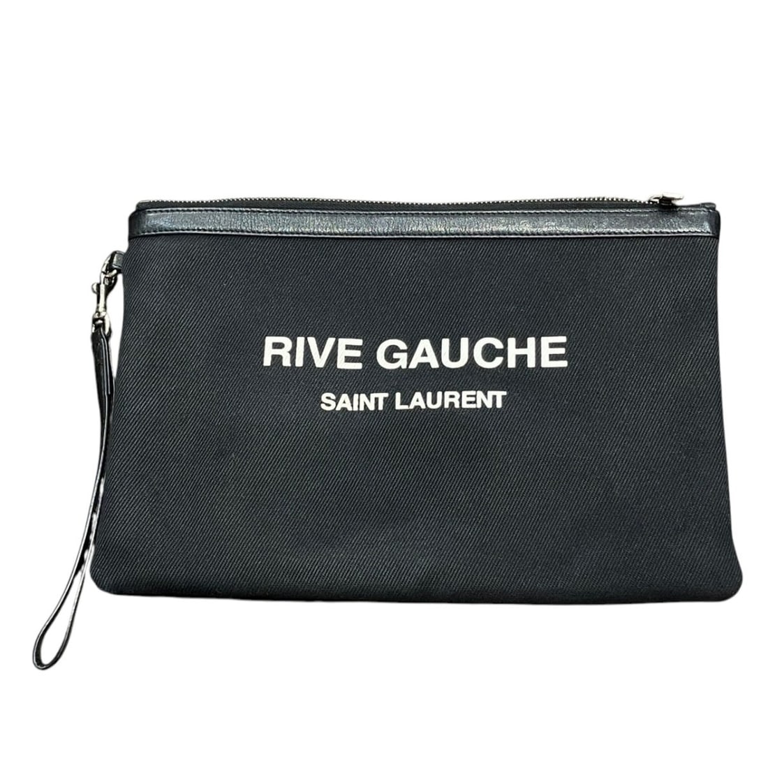 Yves Saint Laurent Rive Gauche Clutch Bag, Canvas and Leather, 581369: --- Catalog ---Category: SizeSize (HxWxD): 20cm x 30cm x 1.5cm / 7.87'' x 11.81'' x 0.59''Handle Length: 20cm / 7.87''Category: DesignType: Clutch bagColor: BlackGender: WomenClosure: ZipperMaterial: 