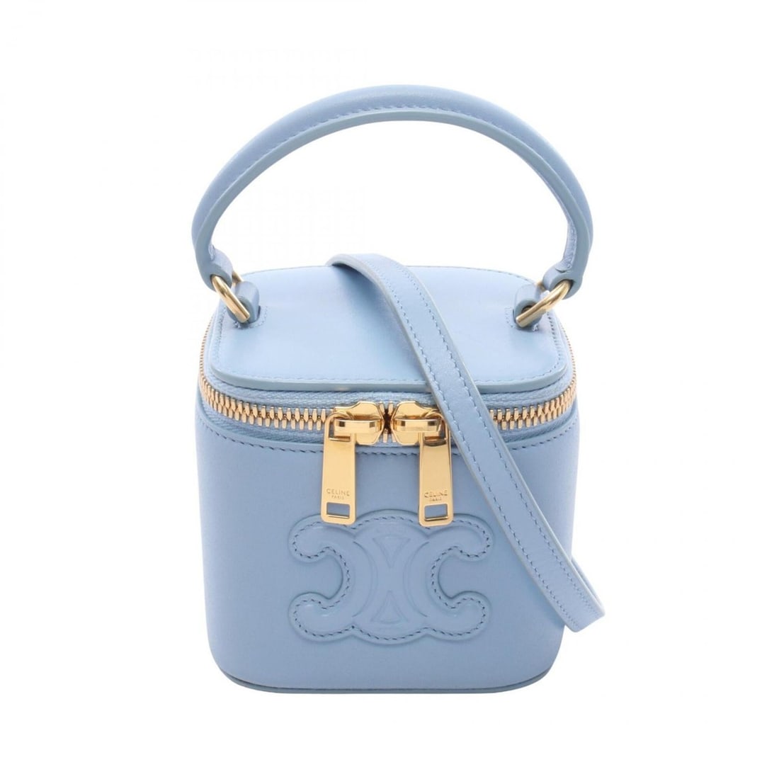 Celine Cuile Triomphe Mini Vanity Case 2-Way Handbag Leather Women's Blue 10J763: --- Catalog ---Category: SizeSize (HxWxD): 9cm x 9.5cm x 9cm / 3.54'' x 3.74'' x 3.54''Category: DesignType: HandbagColor: BlueGender: WomenMaterial: Leather Category: GeneralMPN: 10J763Brand: Celine-