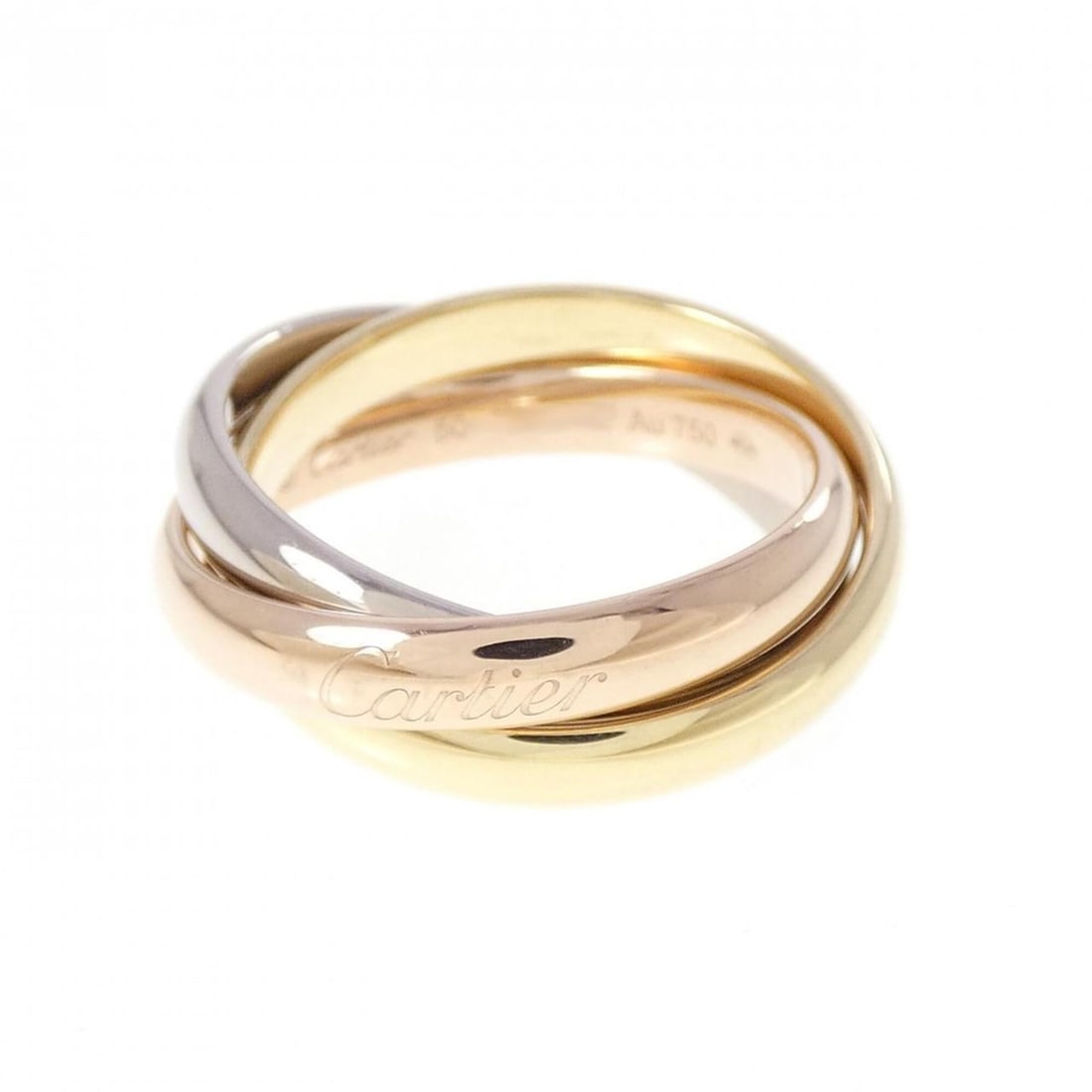 Cartier Trinity Ring: --- Catalog ---Category: SizeUS Size: 5.5Brand Size: 50Category: DesignType: Band ringColor: Pink gold, White gold, Yellow goldGender: WomenMaterial: Pink gold (18K), White gold (18K), Yellow gold