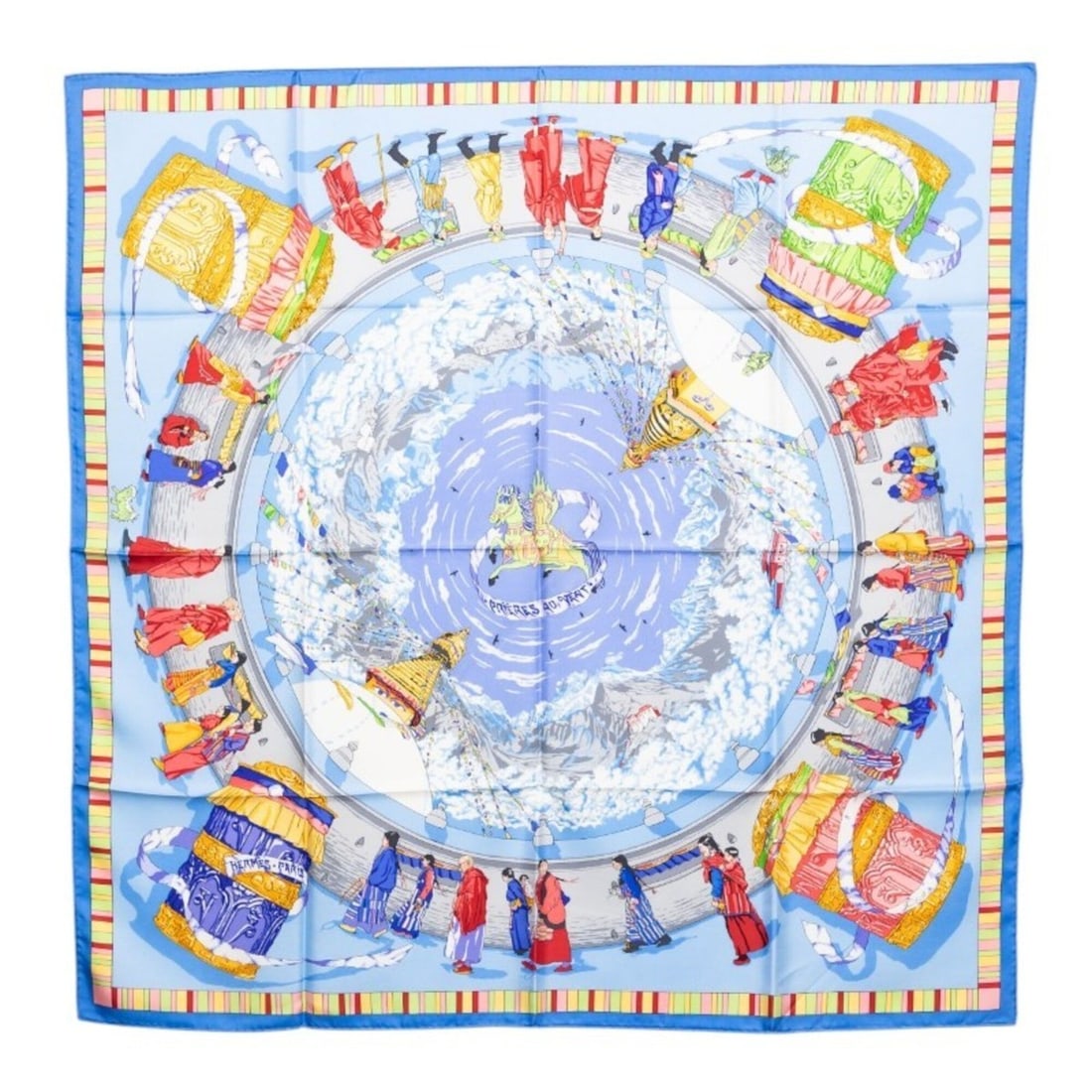 Hermes Carre 90 "Prayers in the Wind" Scarf/Muffler, Blue Multicolor Silk, Women's: --- Catalog ---Category: SizeSize (LxW): 89cm x 89cm / 35.03'' x 35.03''Category: DesignType: ScarfColor: Blue, Multi-colorGender: WomenMaterial: Silk Category: GeneralBrand: Hermes--- Item List ---Se