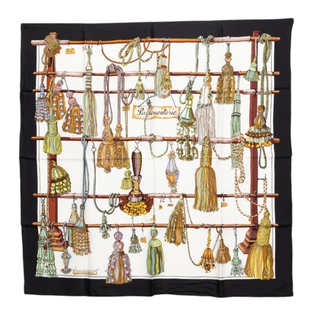Hermes Carre 90 Pasementerie Scarf with Drawstring, Black and White Silk, Women's.: --- Catalog ---Category: SizeSize (LxW): 89cm x 88cm / 35.03'' x 34.64''Category: DesignType: ScarfColor: Black, WhiteGender: WomenMaterial: Silk Category: GeneralBrand: Hermes--- Item List ---Section