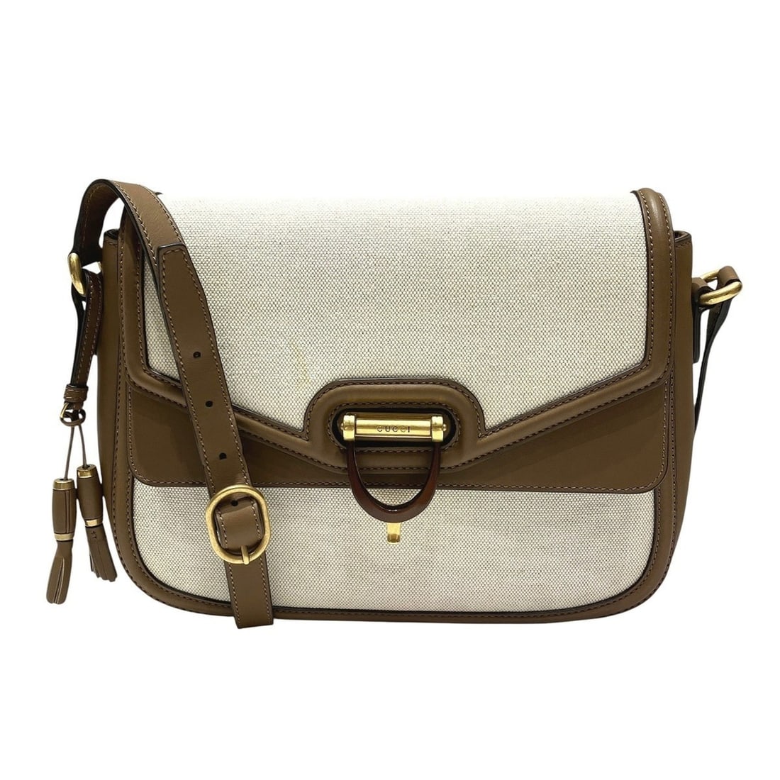 Gucci Derby Shoulder Bag, Canvas and Leather, 309586: --- Catalog ---Category: SizeSize (HxWxD): 21cm x 28cm x 8.5cm / 8.26'' x 11.02'' x 3.34''Strap Length: 91cm - 101cm / 35.82'' - 39.76''Category: DesignType: Shoulder bagColor: Camel, IvoryGender: Wom