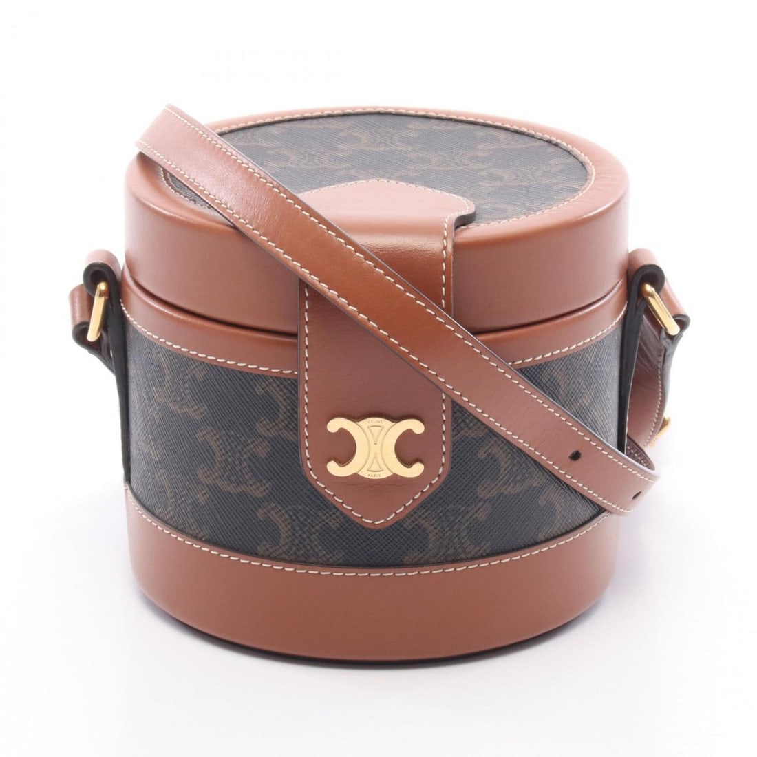 Celine Tambour Small Triomphe Shoulder Bag/Handbag, Coated Canvas and Leather, Women's, Black/Brown,: --- Catalog ---Category: SizeSize (HxWxD): 11cm x 13cm x 13cm / 4.33'' x 5.11'' x 5.11''Category: DesignType: Handbag, Shoulder bagColor: Black, BrownGender: WomenMaterial: Coated canvas , Leather Cat