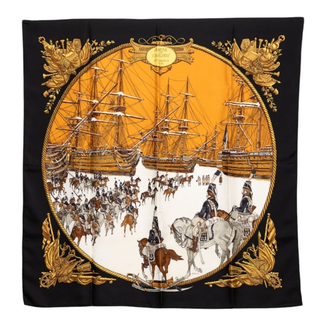 Hermes Carre 90 MARINE ET CAVALERIE (Sea and Cavalry) Scarf/Muffler, Black Silk, Women's HERMES: --- Catalog ---Category: SizeSize (LxW): 88cm x 86.5cm / 34.64'' x 34.05''Category: DesignType: ScarfColor: BlackGender: WomenMaterial: Silk Category: GeneralBrand: Hermes--- Item List ---Section: Con
