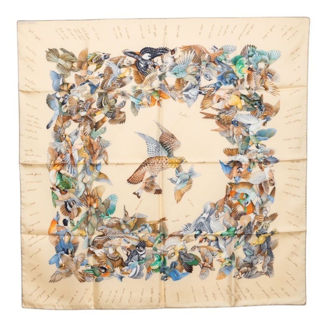 Hermes Carre 90 L'INTRUS (The Intruder) Scarf/Muffler with Bird Print, Beige Silk, Women's.: --- Catalog ---Category: SizeSize (LxW): 87cm x 87cm / 34.25'' x 34.25''Category: DesignType: ScarfColor: BeigeGender: WomenMaterial: Silk Category: GeneralBrand: Hermes--- Item List ---Section: Condi