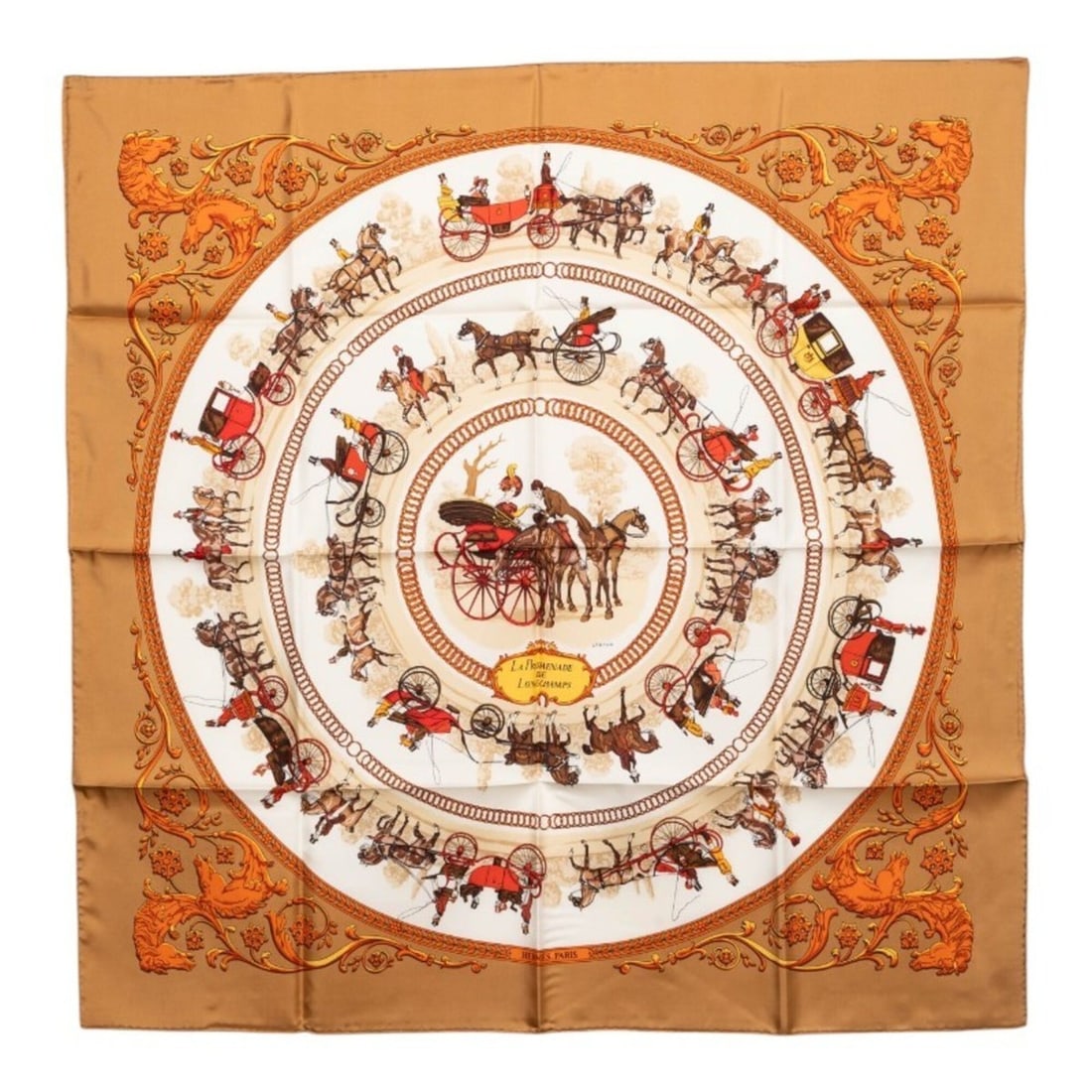 Hermes Carre 90 LA PROMENADE DE LONGCHAMPS (A Walk to Longchamp) Scarf/Muffler, Beige/White, Silk,: --- Catalog ---Category: SizeSize (LxW): 89cm x 88cm / 35.03'' x 34.64''Category: DesignType: ScarfColor: Beige, WhiteGender: WomenMaterial: Silk Category: GeneralBrand: Hermes--- Item List ---Section