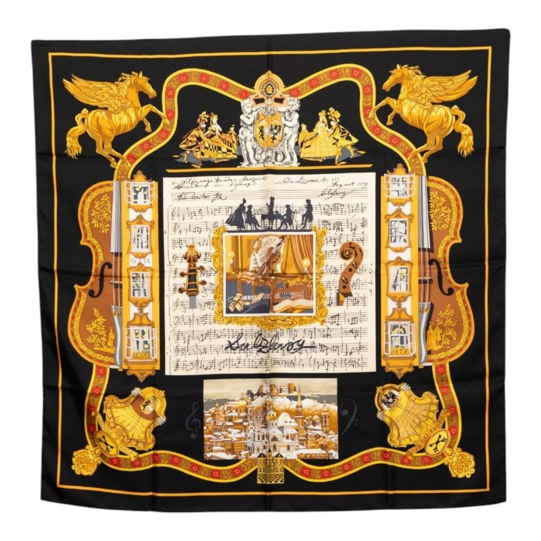 Hermes Carre 90 IN SALZBURG (Salzburg) Scarf/Muffler, Black Silk, Women's, HERMES: --- Catalog ---Category: SizeSize (LxW): 88cm x 89cm / 34.64'' x 35.03''Category: DesignType: ScarfColor: BlackGender: WomenMaterial: Silk Category: GeneralBrand: Hermes--- Item List ---Section: Condi