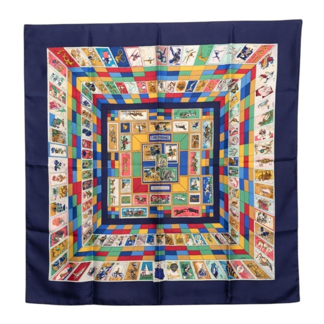 Hermes Carre 90 Correspondance Stamp Scarf/Muffler, Navy Multicolor Silk, Women's.: --- Catalog ---Category: SizeSize (LxW): 88cm x 87cm / 34.64'' x 34.25''Category: DesignType: ScarfColor: Multi-color, NavyGender: WomenMaterial: Silk Category: GeneralBrand: Hermes--- Item List ---Se