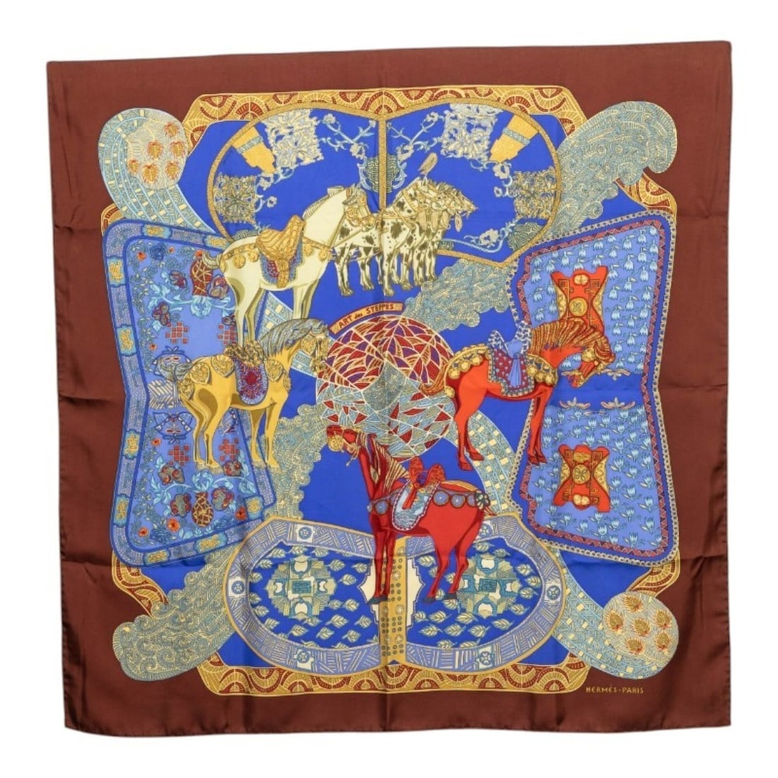 Hermes Carre 90 ART des STEPPES (Steps Art) Scarf/Muffler, Brown/Blue Silk, Women's HERMES: --- Catalog ---Category: SizeSize (LxW): 87cm x 87cm / 34.25'' x 34.25''Category: DesignType: ScarfColor: Blue, BrownGender: WomenMaterial: Silk Category: GeneralBrand: Hermes--- Item List ---Section: