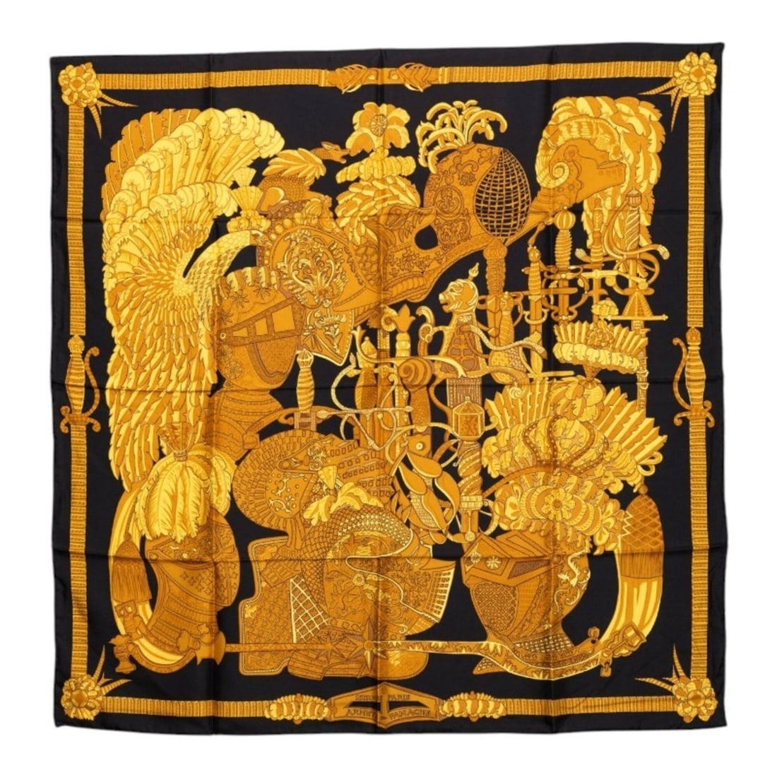 Hermes Carre 90 ARMETS en PANACHE Feathered Helmet Scarf/Muffler, Black/Yellow Tones, Silk, Women's: --- Catalog ---Category: SizeSize (LxW): 88cm x 88cm / 34.64'' x 34.64''Category: DesignType: ScarfColor: Black, YellowGender: WomenMaterial: Silk Category: GeneralBrand: Hermes--- Item List ---Sectio