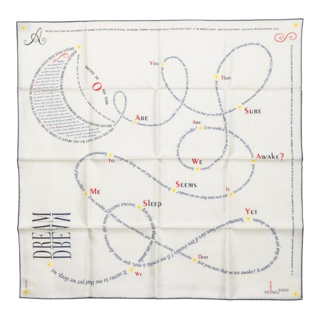 Hermes Carre 70 "In Pursuit of Dreams" scarf/muffler, white silk, women's.: --- Catalog ---Category: SizeSize (LxW): 66cm x 68cm / 25.98'' x 26.77''Category: DesignType: ScarfColor: WhiteGender: WomenMaterial: Silk Category: GeneralBrand: Hermes--- Item List ---Section: Condi