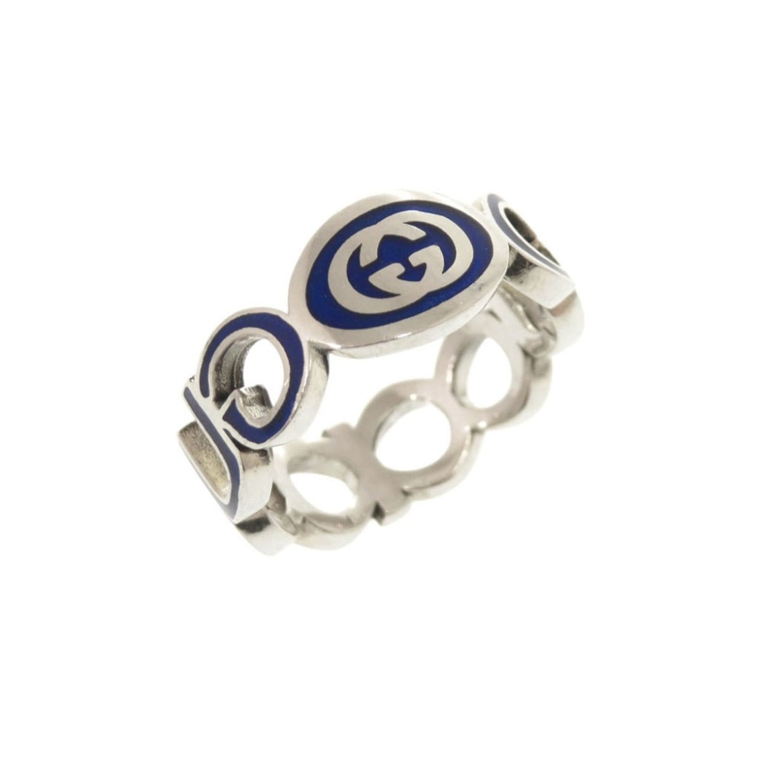 Gucci Interlocking G Sterling Silver 925 Blue Ring 0793GUCCI: --- Catalog ---Category: SizeJP Size: 19US Size: 9.5Category: DesignType: Band ringColor: Blue, SilverGender: WomenMaterial: Silver 925Category: GeneralBrand: GucciCountry of Origin: Italy--- Item Lis