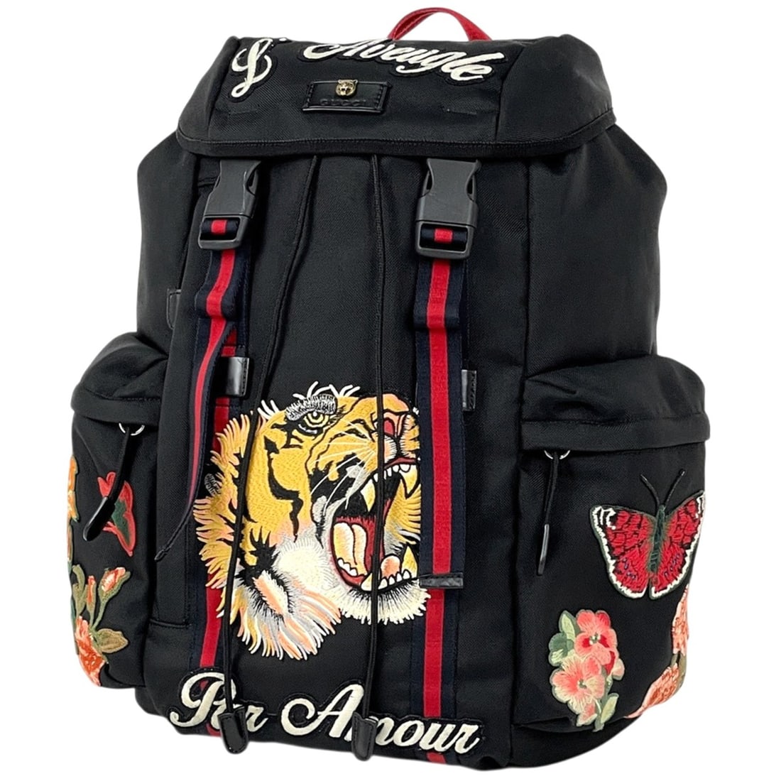 Gucci Embroidered Backpack, Tiger Head Design, Nylon, Black, 429037, Men's: --- Catalog ---Category: SizeSize (HxWxD): 40cm x 32cm x 15cm / 15.74'' x 12.59'' x 5.9''Category: DesignType: BackpackColor: BlackGender: MenMaterial: Nylon Category: GeneralBrand: Gucci--- Item List