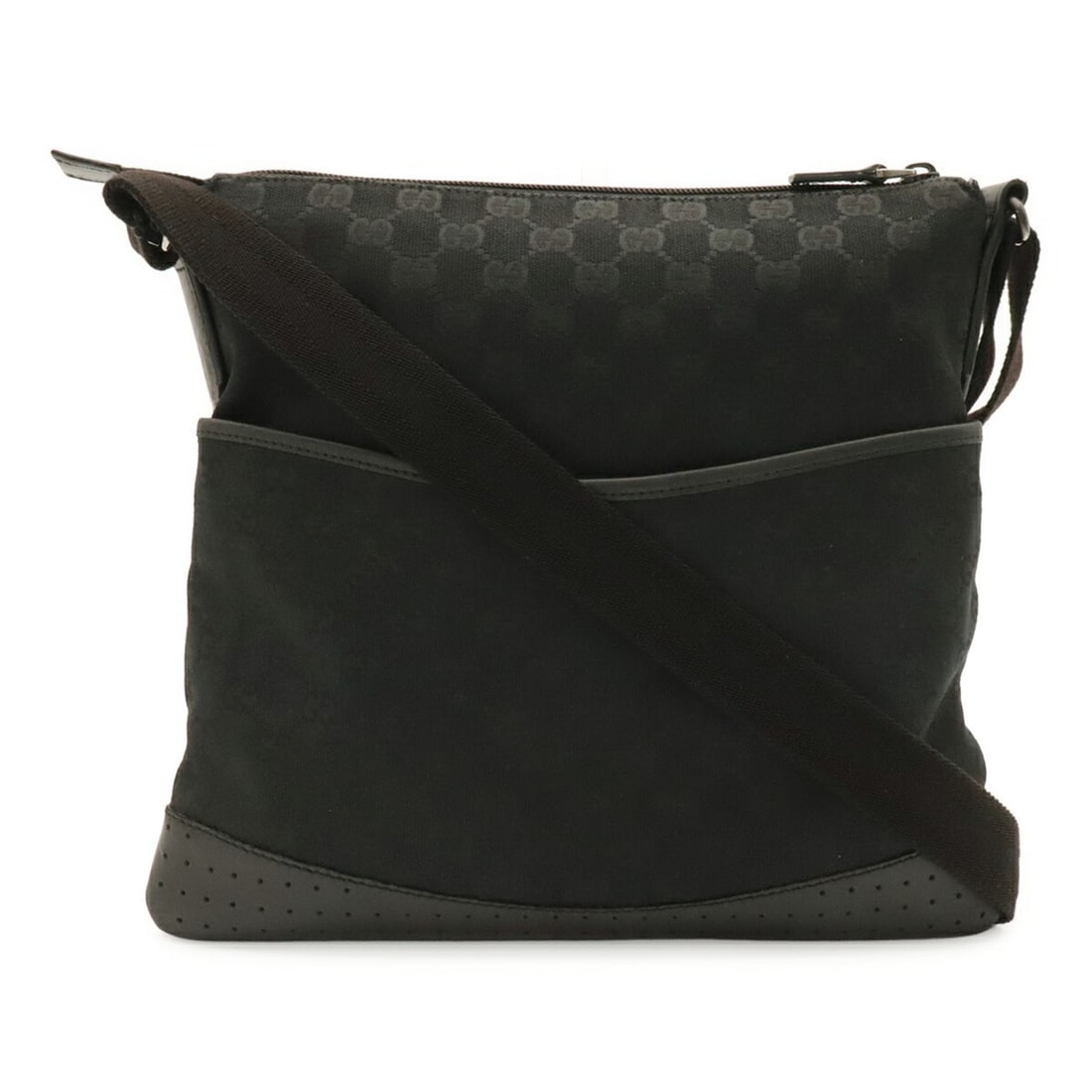 GUCCI GG Canvas Shoulder Bag/Handbag with Perforated Leather, Black, 145857: --- Catalog ---Category: SizeSize (HxWxD): 28.5cm x 31cm / 11.22'' x 12.2''Category: DesignType: Messenger bag, Shoulder bagColor: BlackGender: Women,MenMaterial: Canvas , Leather Category: GeneralBra