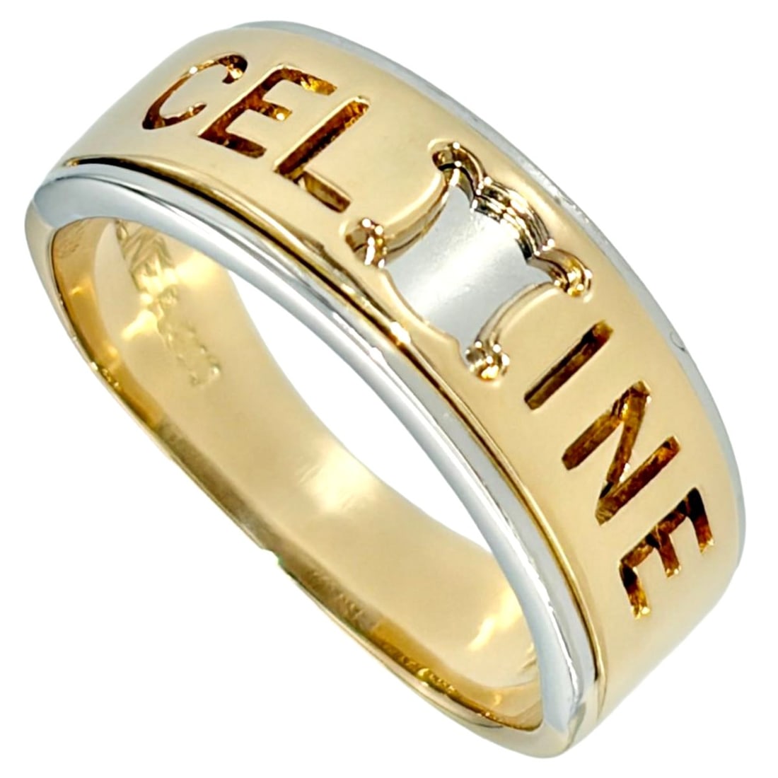 Celine Macadam Logo Bicolor Ring, Approx. 18K Yellow Gold (5.9g), Platinum 900 Combination, Women's: --- Catalog ---Category: SizeJP Size: 11US Size: 6Category: DesignType: Band ringColor: Silver, Yellow goldGender: WomenMaterial: Platinum 900, Yellow gold (18K)Category: GeneralBrand: Celine--- Item 