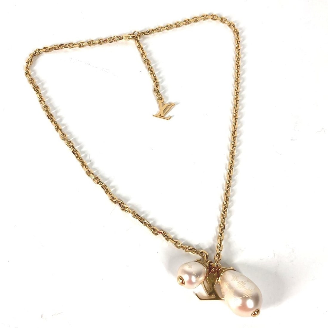 LOUIS VUITTON M66322 Accessory Pendant Damier Pearl Chain Necklace Metal Women's Gold (1 of 12)