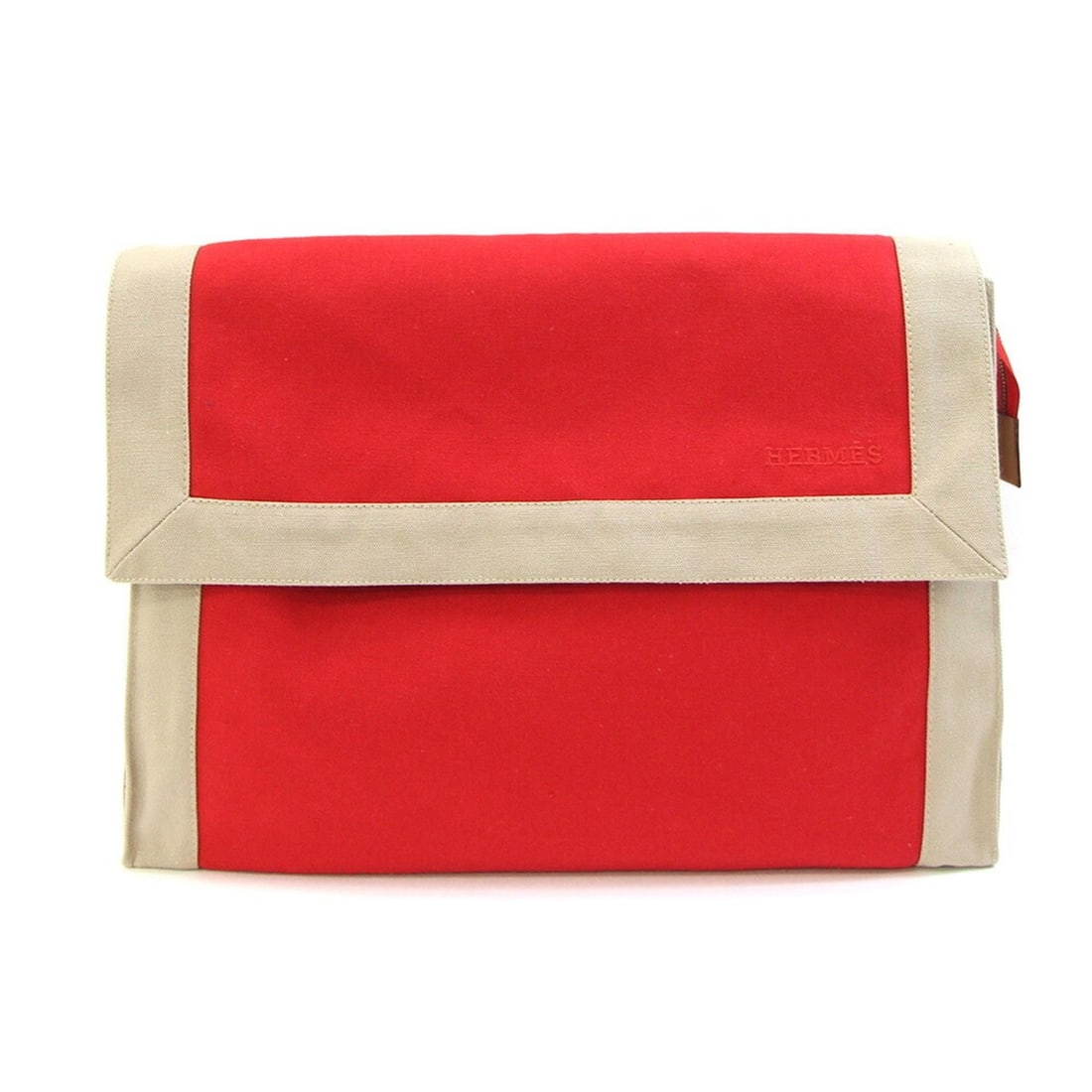 Hermes Clutch Bag, Red and Beige Canvas, Second Bag/Second Pouch, Men's HERMES: --- Catalog ---Category: SizeSize (HxWxD): 23cm x 31.5cm x 8cm / 9.05'' x 12.4'' x 3.14''Category: DesignType: Clutch bag, PouchColor: Beige, Red colorGender: MenMaterial: Canvas Category: GeneralBran