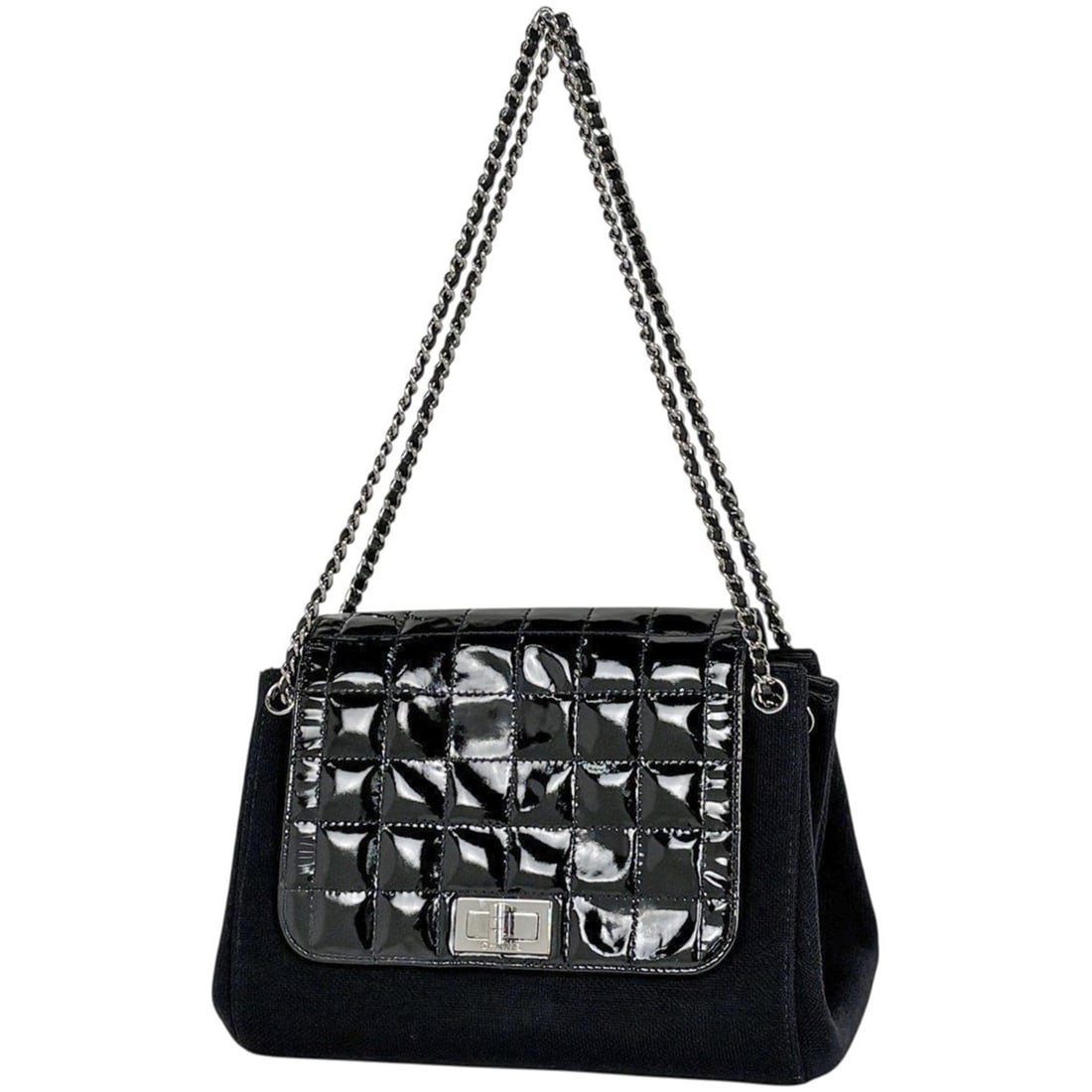 Chanel Chocolate Bar Chain Shoulder Bag, Coco Mark, Enamel Patent Leather, Black, Women's: --- Catalog ---Category: SizeSize (HxWxD): 15cm x 25cm x 15cm / 5.9'' x 9.84'' x 5.9''Category: DesignType: Shoulder bagColor: BlackGender: WomenMaterial: Patent leather Category: GeneralBrand: Chanel