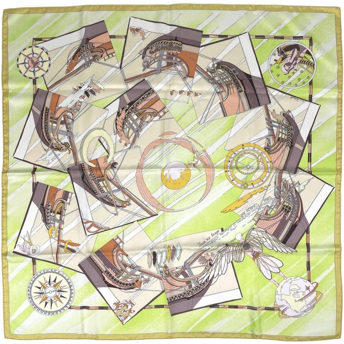 Hermes Carre 90 Face au Large Scarf/Muffler, Silk, Yellow Multicolor, "Towards the Open Sea" design,: --- Catalog ---Category: SizeSize (LxW): 90cm x 89cm / 35.43'' x 35.03''Category: DesignType: ScarfColor: Multi-color, YellowGender: WomenMaterial: Silk Category: GeneralBrand: Hermes--- Item List ---