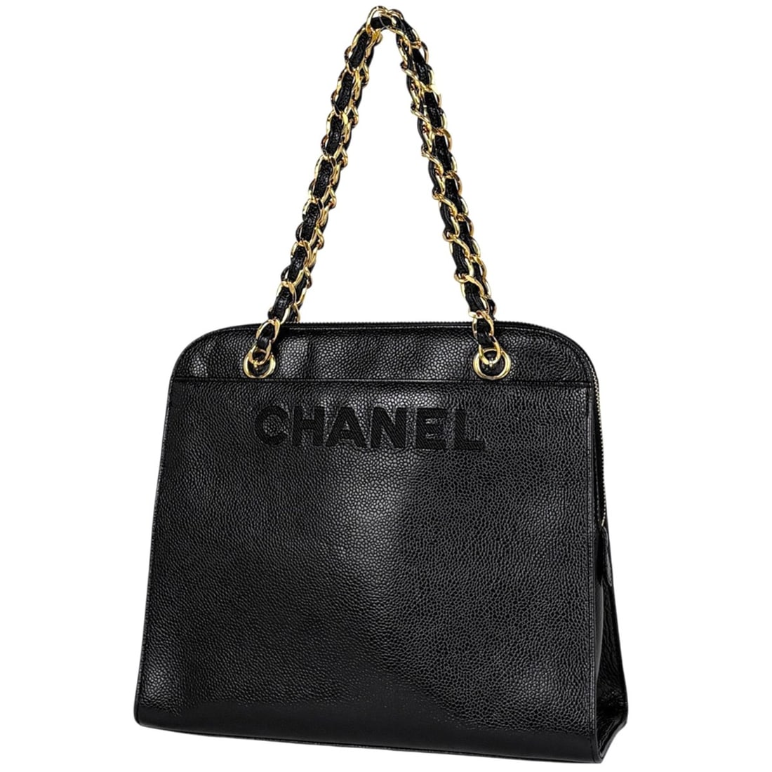 Chanel logo chain tote bag, caviar leather, black, A08913, women's.: --- Catalog ---Category: SizeSize (HxWxD): 23cm x 27cm x 9.5cm / 9.05'' x 10.62'' x 3.74''Category: DesignType: Tote bagColor: BlackGender: WomenMaterial: Grained Calfskin Category: GeneralMPN: A08913