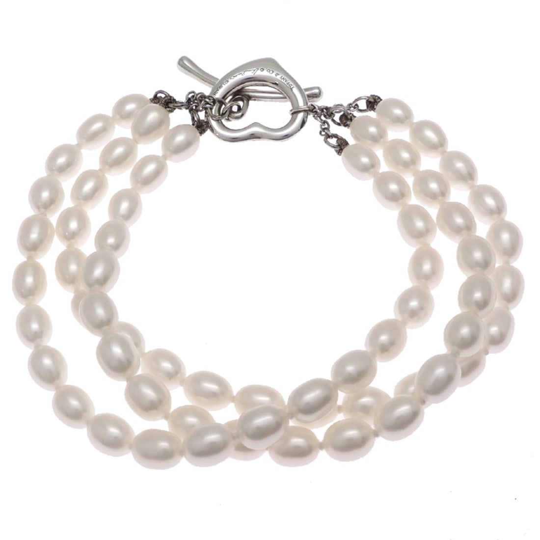 Tiffany & Co. Open Heart Pearl Triple Strand Bracelet for Women, Sterling Silver 925: --- Catalog ---Category: SizeLength: 18cm / 7.08''Category: DesignType: Charm braceletStone: PearlGender: WomenMaterial: Silver 925Category: GeneralBrand: TiffanyCountry of Origin: Spain--- Item List 