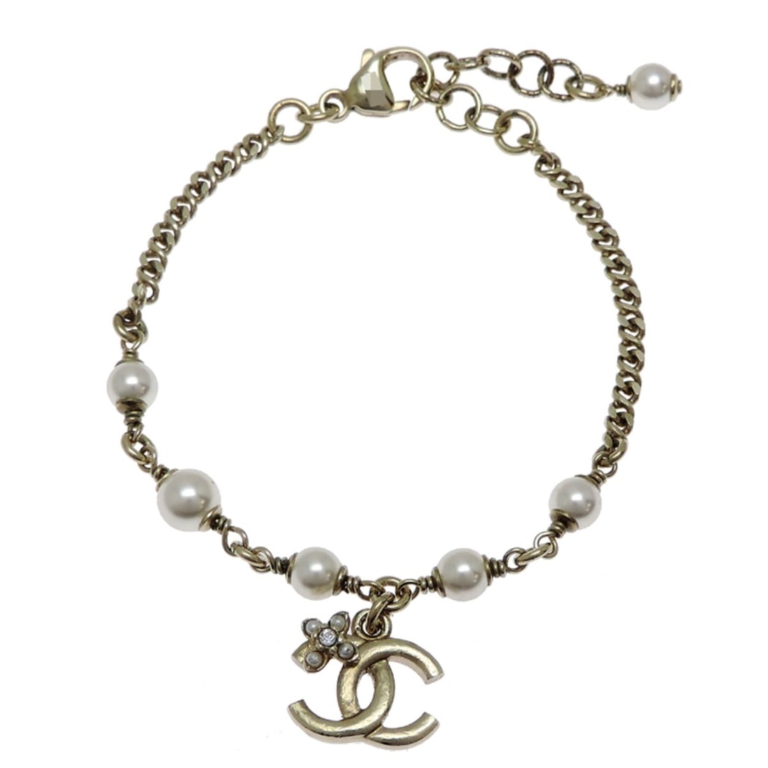 Chanel Coco Mark Faux Pearl Women's Bracelet Metal: --- Catalog ---Category: SizeLength: 20cm / 7.87''Category: DesignType: Charm braceletGender: WomenMaterial: MetalCategory: GeneralBrand: ChanelCountry of Origin: France--- Item List ---Section: Condi