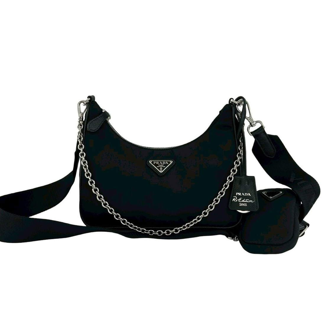 PRADA Re-Edition 2005 Re-Nylon Triangle Logo Hardware Nylon Saffiano Leather Shoulder Bag Black: --- Catalog ---Category: SizeSize (HxWxD): 21.5cm x 21.5cm x 6cm / 8.46'' x 8.46'' x 2.36''Category: DesignType: Pouch, Shoulder bagColor: BlackGender: WomenMaterial: Nylon , Leather Category: General