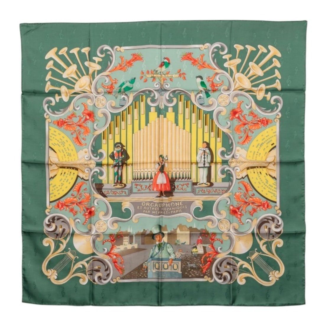 Hermes Carre 90 ORGAUPHONE ET AUTRES MECANIQUES (Pipe Organ and Clockwork Instruments): --- Catalog ---Category: SizeSize (LxW): 88cm x 87cm / 34.64'' x 34.25''Category: DesignType: ScarfColor: Green, Multi-colorGender: WomenMaterial: Silk Category: GeneralBrand: Hermes--- Item List ---S