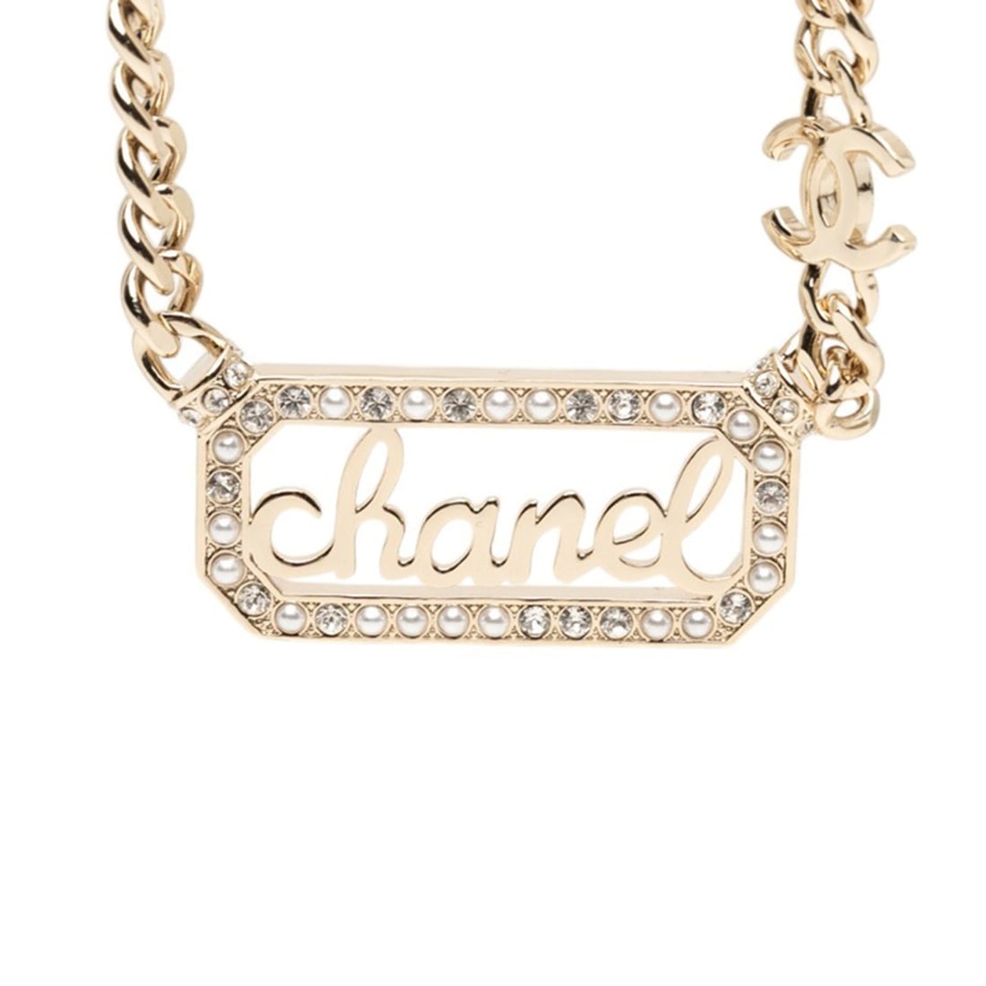 Chanel Vintage Logo Rogue Chain Necklace, Gold Plated, Faux Pearl Rhinestone, Women's CHANEL: --- Catalog ---Category: SizePendant Size: 19.6mm x 38.9mm / 0.77'' x 1.53''Neck Circumference: 65 cm / 25.59''Category: DesignColor: GoldGender: WomenMaterial: RhinestoneNecklace Type: NecklaceCatego