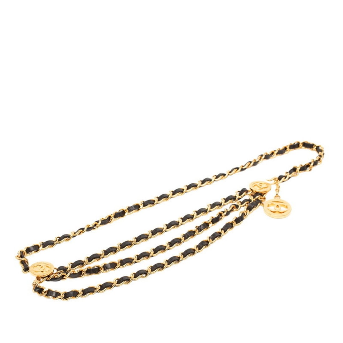 Chanel Vintage Coco Mark Triple Chain Belt Gold Black Plated Leather Women's CHANEL: --- Catalog ---Category: SizeLength: 86cm / 33.85''Category: DesignType: Chain beltColor: Black, GoldGender: WomenMaterial (Strap): Leather Category: GeneralBrand: Chanel--- Item List ---Section: Cond