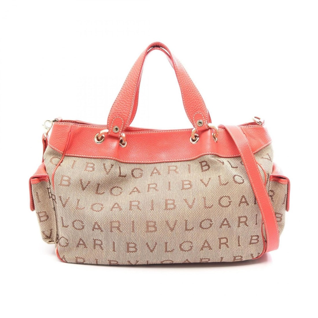 Bulgari BVLGARI Logo Mania 2-Way Handbag, Canvas and Leather, Women's, Beige/Pink: --- Catalog ---Category: SizeSize (HxWxD): 24cm x 33cm x 14cm / 9.44'' x 12.99'' x 5.51''Category: DesignType: HandbagColor: Beige, PinkGender: WomenMaterial: Canvas , Leather Category: GeneralBrand: 