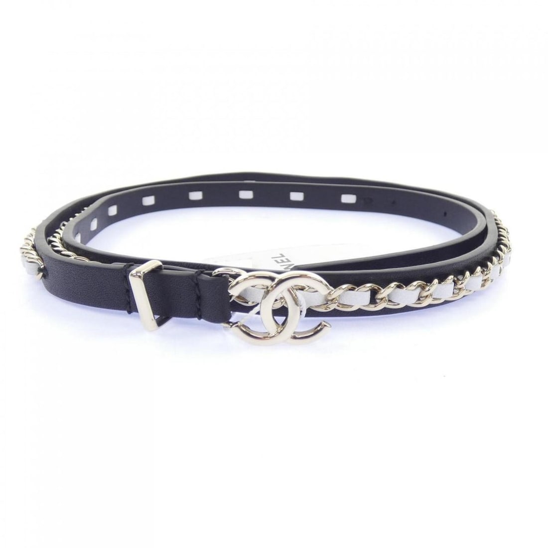 Chanel belt: --- Catalog ---Category: SizeLength: 69.5cm - 77cm / 27.36'' - 30.31''Category: DesignType: Standard beltColor: Black, WhiteGender: WomenCategory: GeneralBrand: Chanel--- Item List ---Section: Conditi